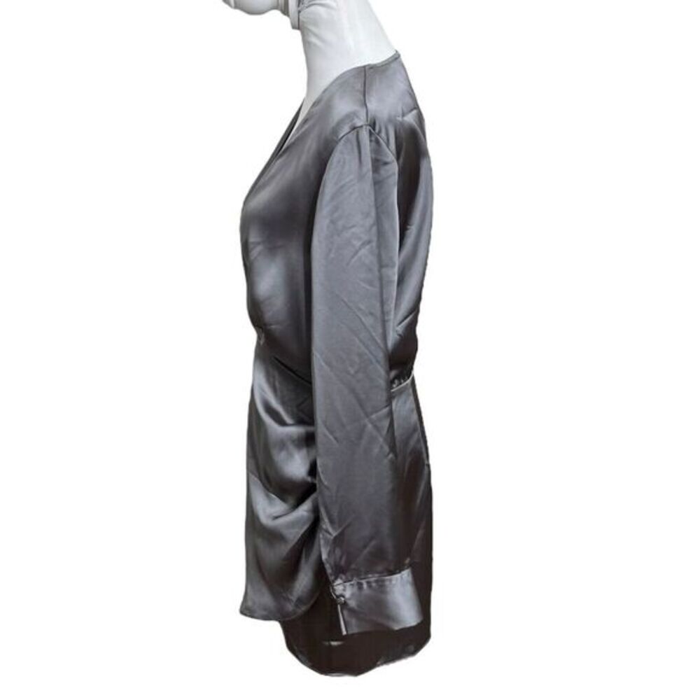 ZARA Faux Wrap Mini Dress Women’s Large Charcoal Grey Satin A-Line Night Out - Picture 5 of 13